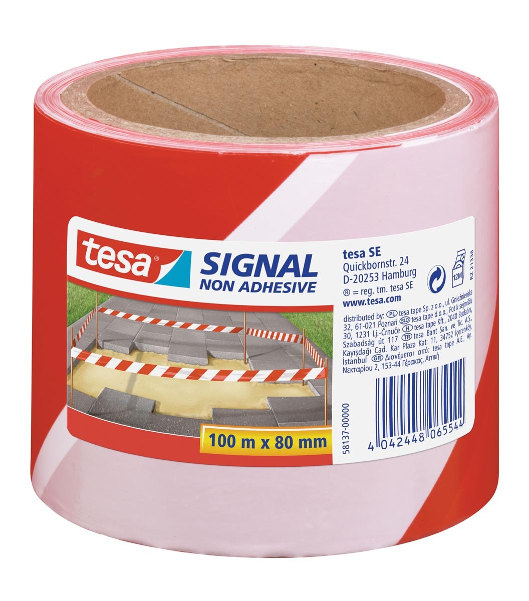 1x Tesa afzetlint/markeerlint rood/wit 8 cm x 100 mtr – Klus/bouwbenodigdheden – Afzetlinten/markeerlinten – Gevarenzone linten – Weg/parkeerplaats afzetten met lint - Afbeelding 2