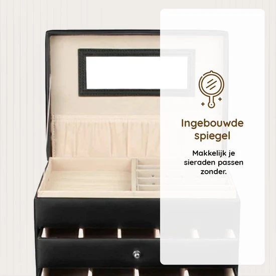 Eleganca Sieradendoos met Spiegel - Sieraden Kistje - Sieraden Display - Juwelenkistje - Zwart - Afbeelding 7