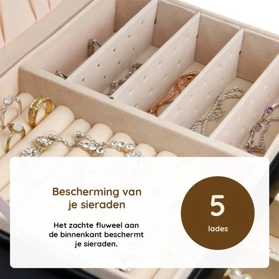 Eleganca Sieradendoos met Spiegel - Sieraden Kistje - Sieraden Display - Juwelenkistje - Zwart - Afbeelding 5