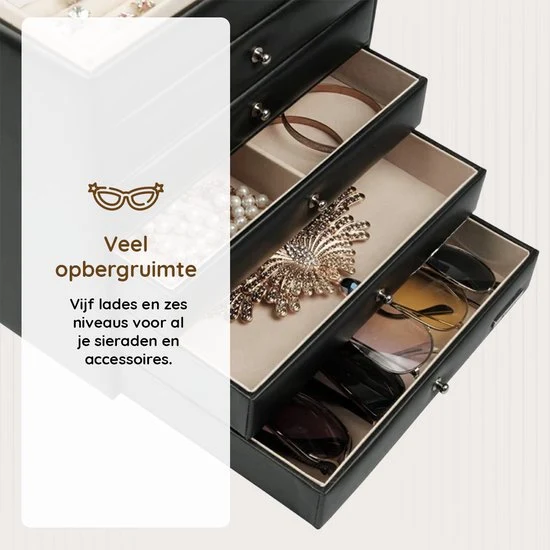 Eleganca Sieradendoos met Spiegel - Sieraden Kistje - Sieraden Display - Juwelenkistje - Zwart - Afbeelding 3