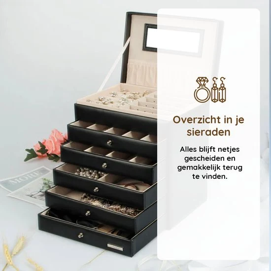 Eleganca Sieradendoos met Spiegel - Sieraden Kistje - Sieraden Display - Juwelenkistje - Zwart - Afbeelding 6