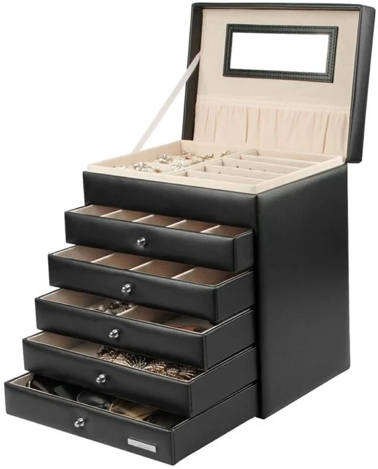 Eleganca Sieradendoos met Spiegel - Sieraden Kistje - Sieraden Display - Juwelenkistje - Zwart - Afbeelding 2
