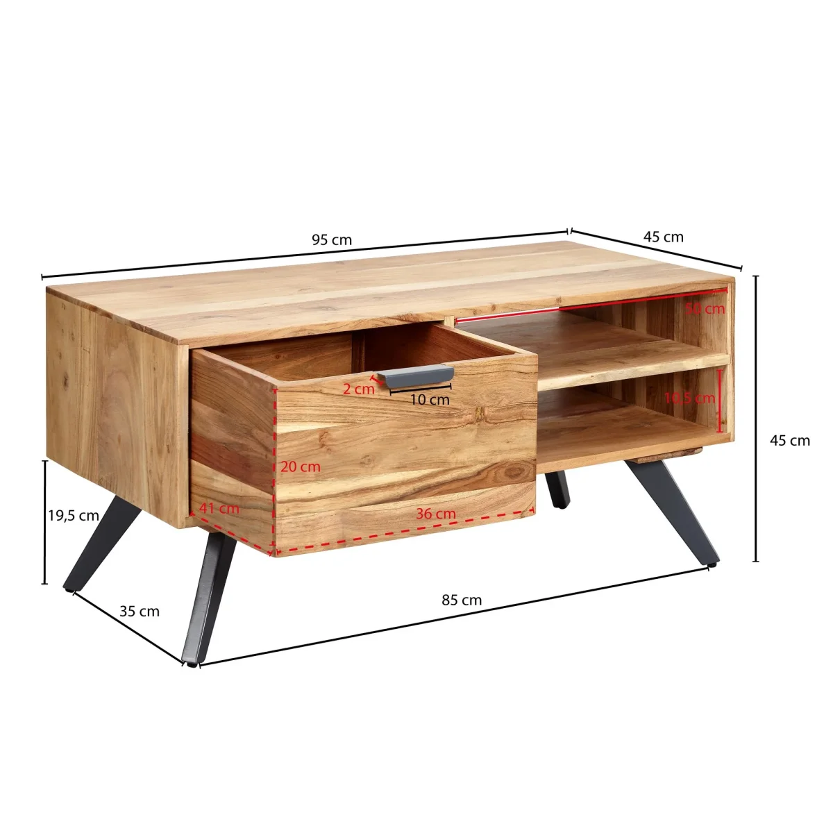 Nancy's Americus Salontafel - Massief Hout - Acacia - Opbergruimte - Tafel - 95 x 45 - Bruin - Afbeelding 4