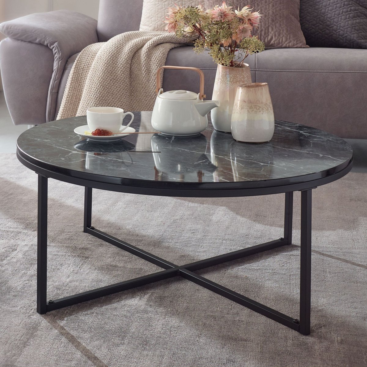 Nancy's Gebelim Salontafel - Koffietafel - Zwart Marmerlook - Staal - ± Ø 80 x 35 cm - Afbeelding 3