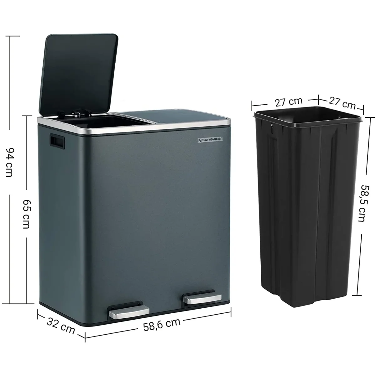 Nancy's Burga Prullenbak - Afvalscheiding 2x30 liter - Pedaalemmer - Afvalemmer - Rookgrijs - 60 Liter - Afbeelding 4