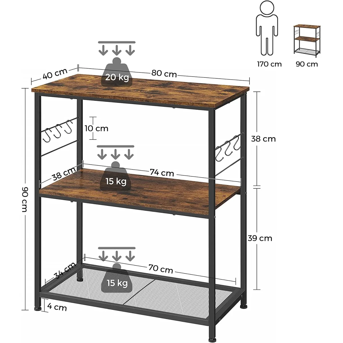 Nancy's Franklin Keukenrek - Organizer - Opbergkast - Vintage Bruin / Zwart - 80 x 40 x 90 cm - Afbeelding 4