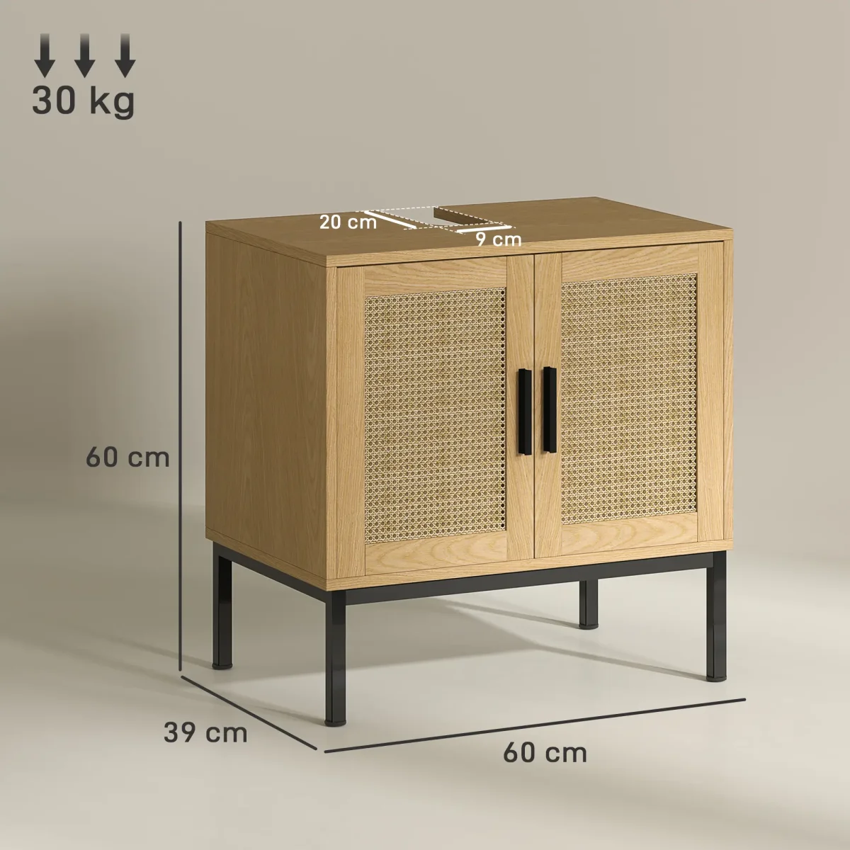 Nancy's Castelmola Wastafelkast - Badkamerkast - Wastafelmeubel - Eiken - Rotan - ± 60 x 40 x 60 cm - Afbeelding 4