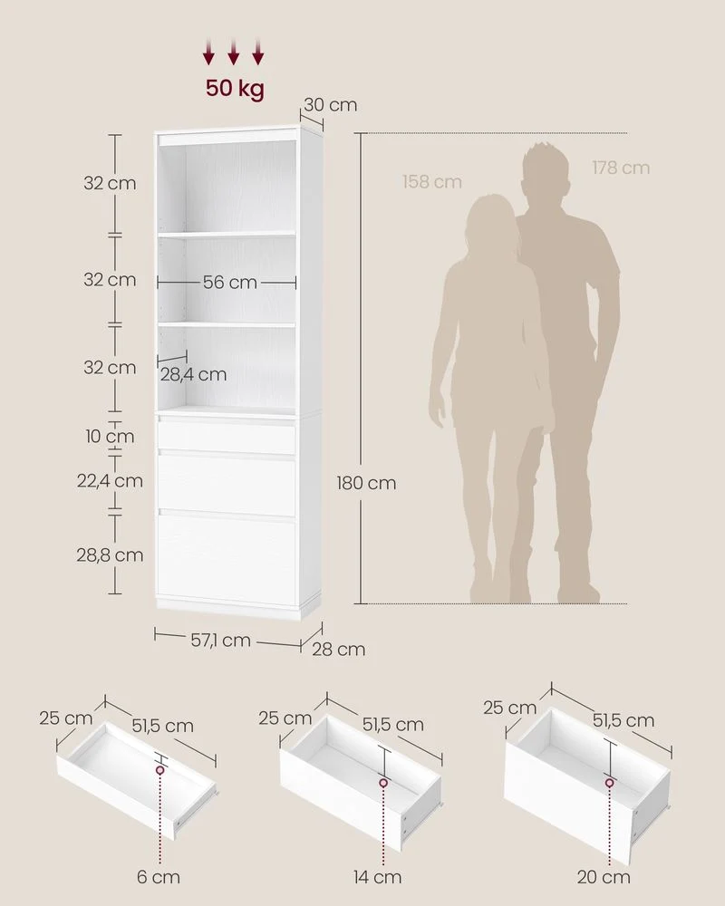 Nancy's Paradela Wandkast - Boekenkast - Opbergkast - Wit - ± 60 x 30 x 180 cm - Afbeelding 4