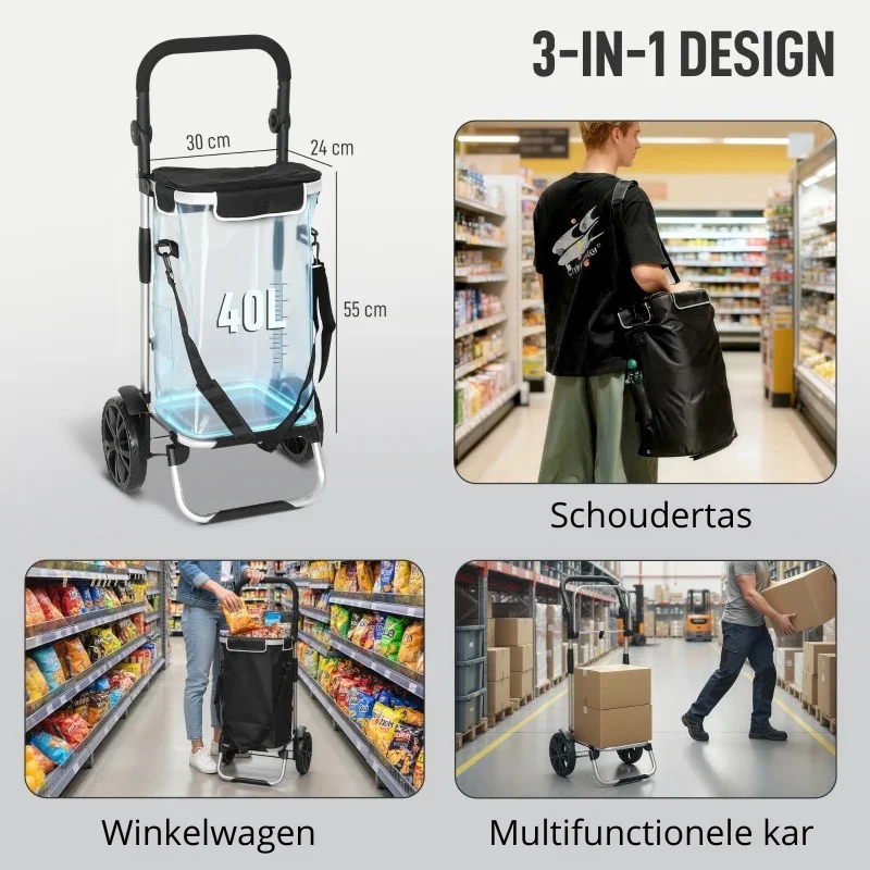 Nancy's Nerviano Boodschappentrolley - Boodschappenkar - Boodschappenwagentje - Zwart / Zilver - 40 Liter - Afbeelding 5