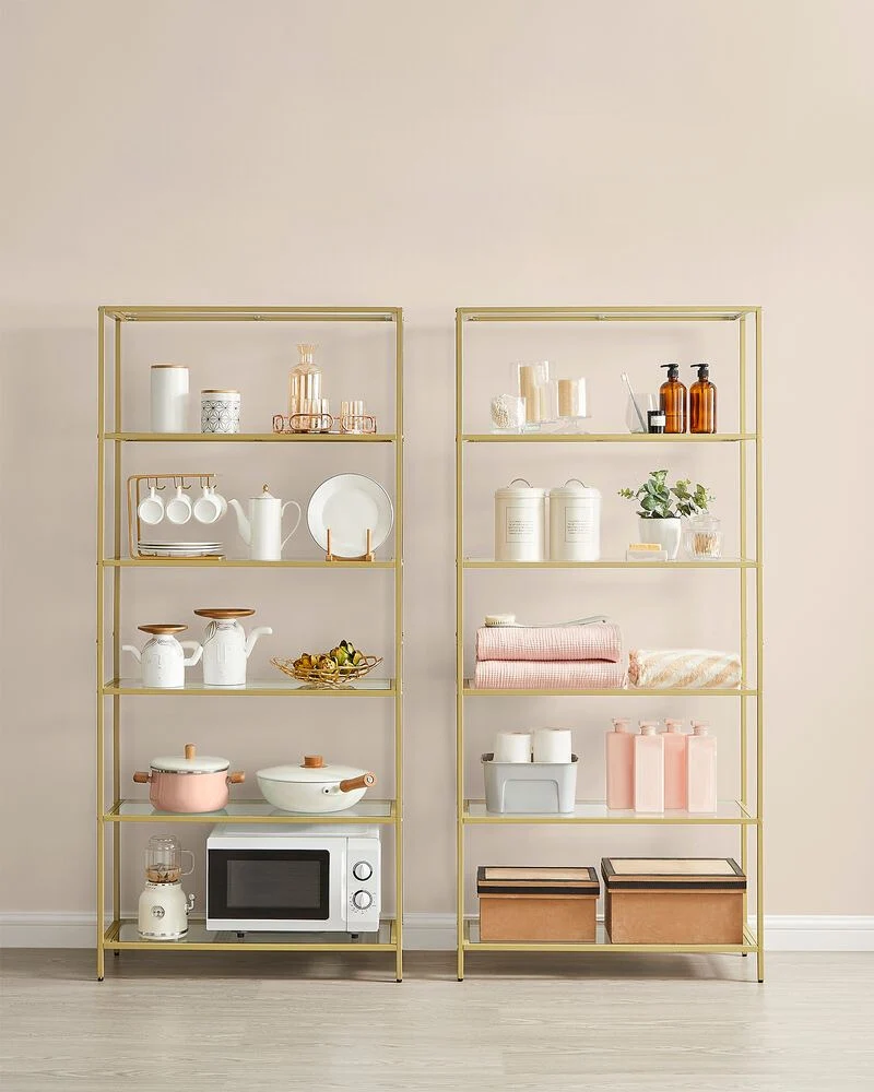 Nancy's Swindon Wandkast Goud - Boekenkast - Modern - Staal - Glas - 80 x 30 x 177,3 cm - Afbeelding 5