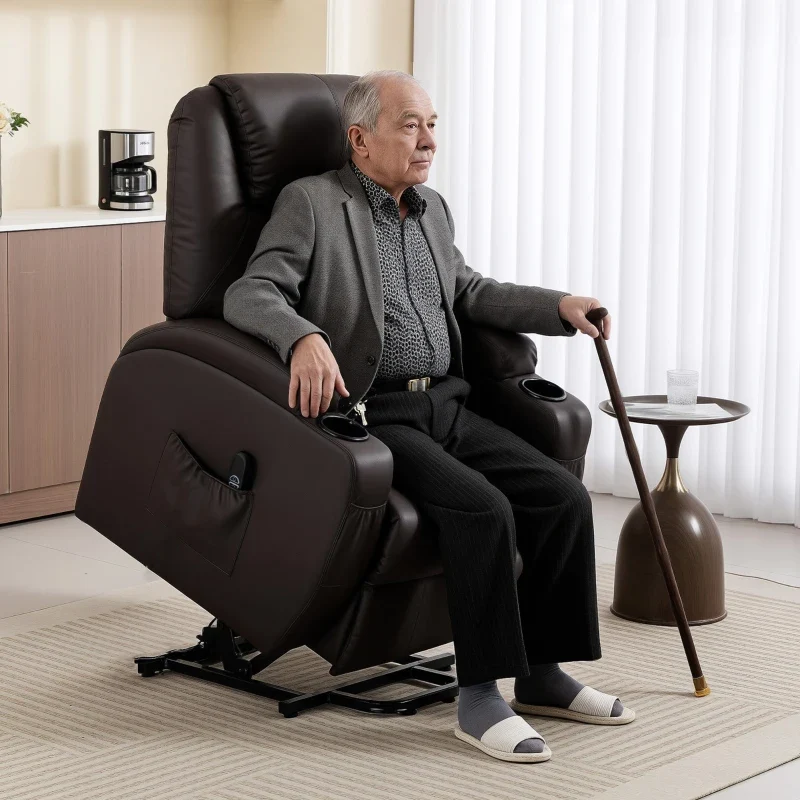 Nancy's Pomezia Sta op Stoel - Seniorenstoel - Relaxfauteuil - Opsta stoel - Donkerbruin - Kunstleer - Afbeelding 3
